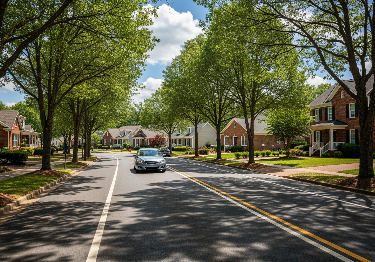 A car driving on a pleasant street in Lawrenceville, GA with trees and houses in the background. - car insurance quotes in lawrenceville ga
