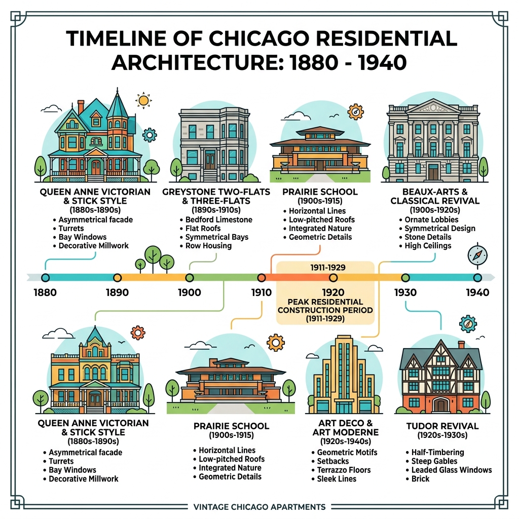 Timeline of Chicago residential architecture from 1880 to 1940 with key building eras and styles - vintage apartments in Timeline of Chicago residential architecture from 1880 to 1940 with key building eras and styles - vintage apartments in