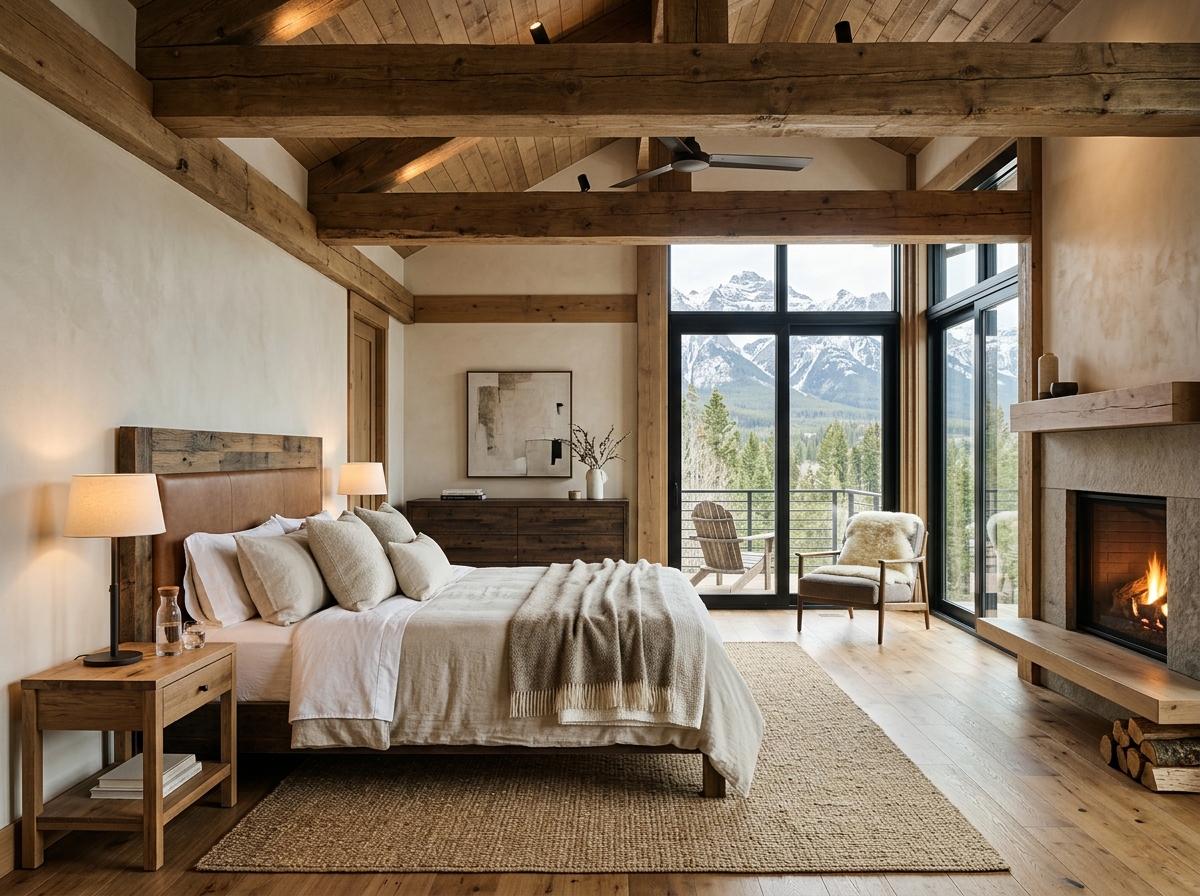 Rustic-modern Colorado luxury bedroom with exposed timber beams, natural fabrics, warm wood tones, large windows with Rustic-modern Colorado luxury bedroom with exposed timber beams, natural fabrics, warm wood tones, large windows with