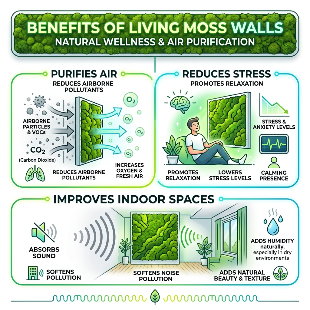 How living moss walls purify air, reduce stress, and improve indoor spaces - diy living moss wall art infographic How living moss walls purify air, reduce stress, and improve indoor spaces - diy living moss wall art infographic