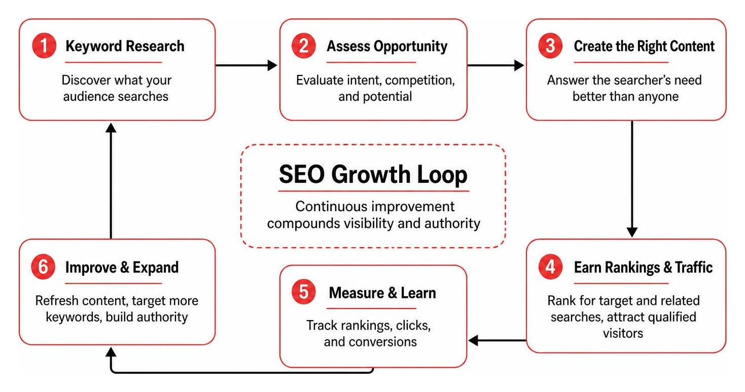 Search Engine Optimization growth loop connecting keyword research to content authority