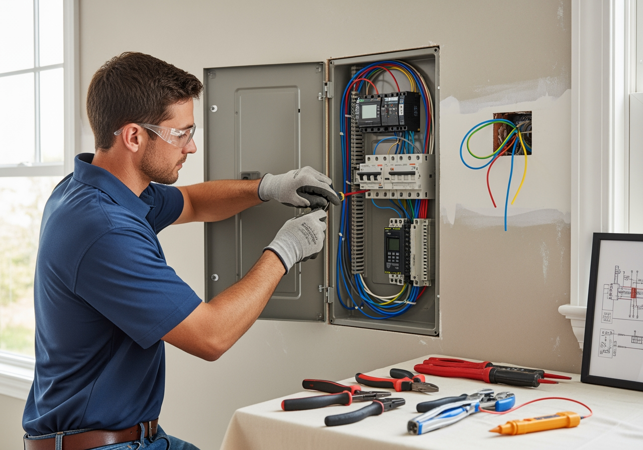 Property Upgrades and Safety: From Flooring to Demolition 4 Licensed electrician installing a smart electrical panel