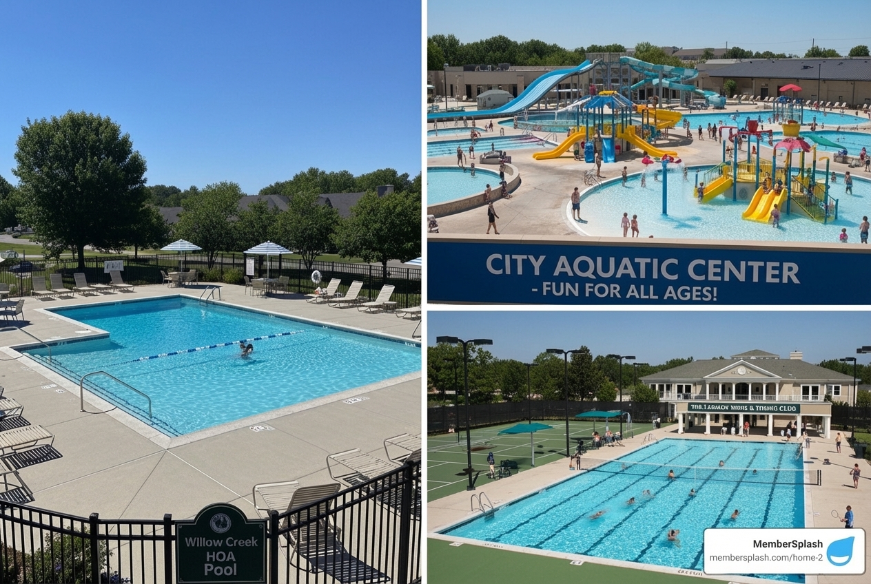diverse facilities: a community HOA pool, a large municipal aquatic center, and a private swim & tennis club - swimming pool membership software