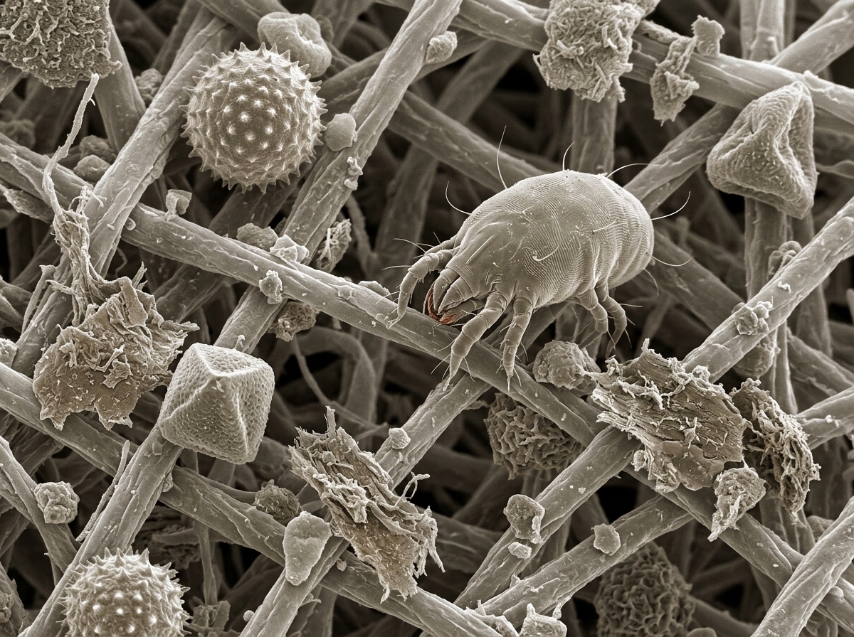 Microscopic view of dust mites, pollen, and pet dander particles captured by a high-efficiency filter - is merv 12 too high