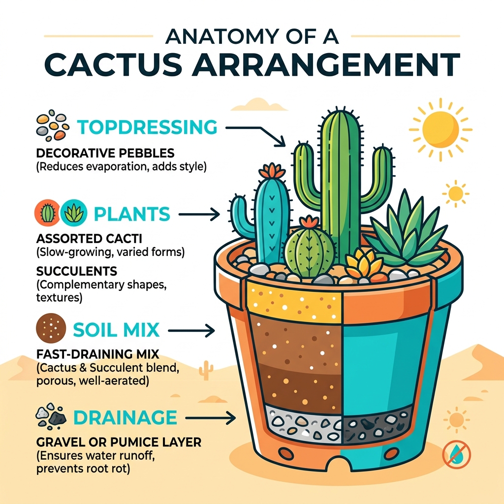 Anatomy of a cactus arrangement in a pot showing layers: drainage, soil mix, plants, topdressing - cactus arrangements in