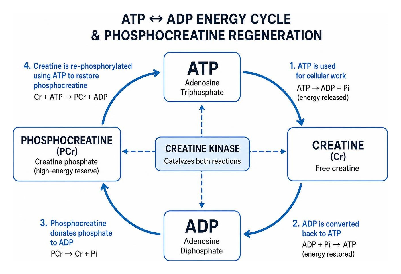 ATP to ADP energy cycle and phosphocreatine regeneration process ATP to ADP energy cycle and phosphocreatine regeneration process