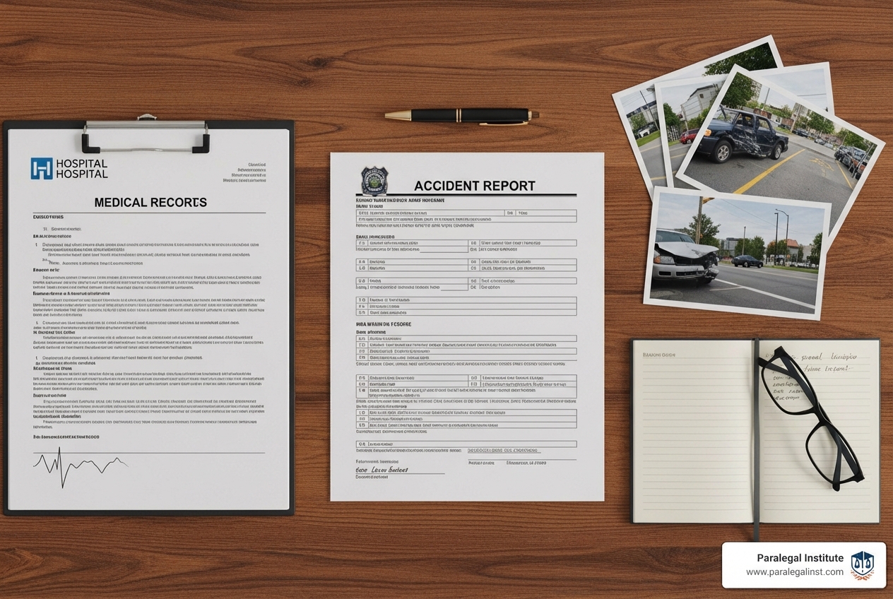 evidence items: police report, medical chart, accident photos - personal injury case checklist
