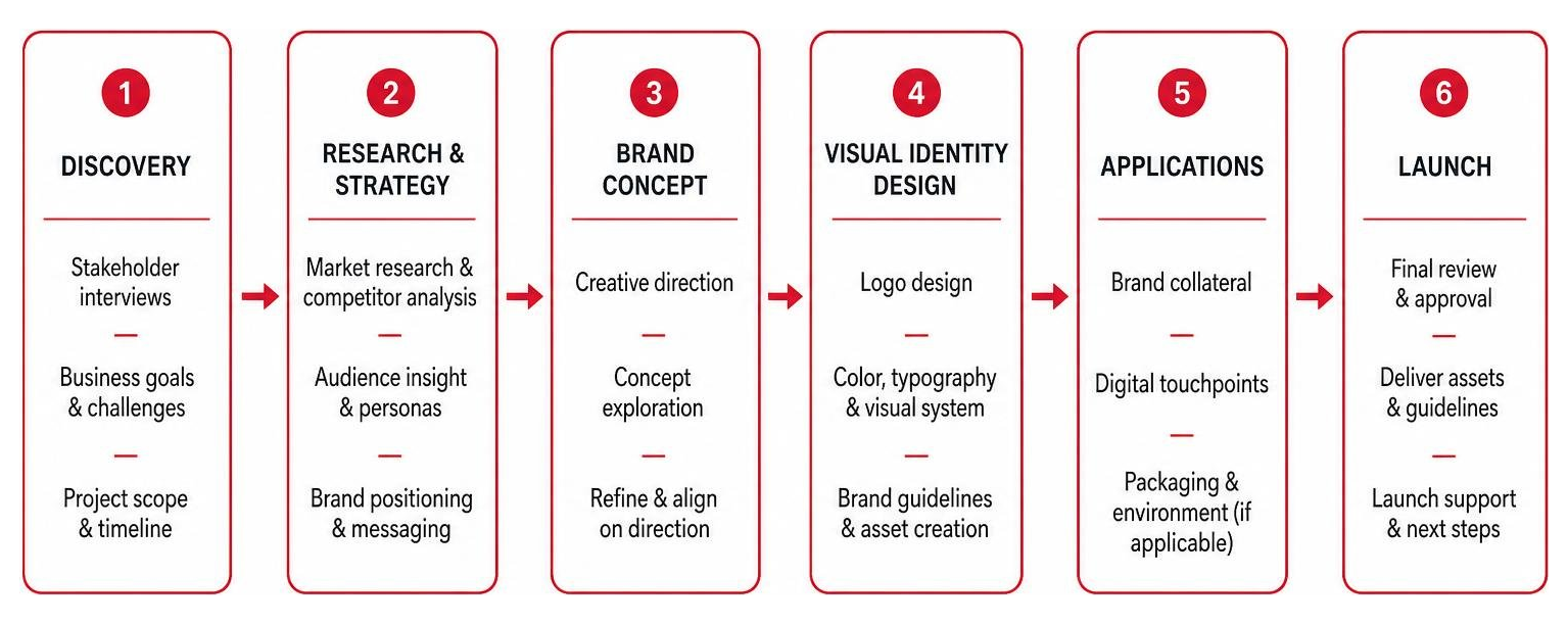 Typical workflow of a boutique branding agency from discovery to launch Typical workflow of a boutique branding agency from discovery to launch