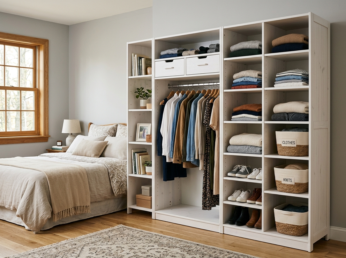 A modular freestanding wardrobe unit with shelves and hanging rods - renter friendly closet shelves