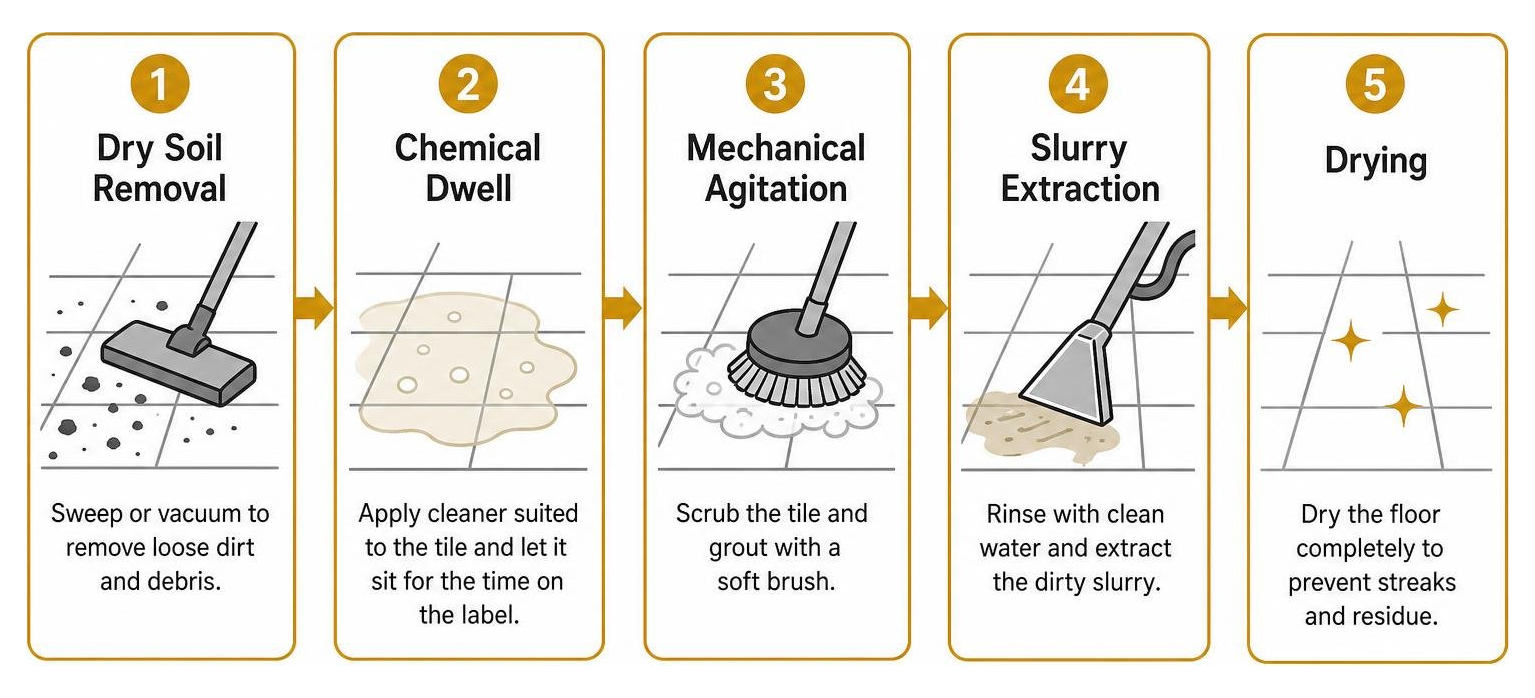 Diagram showing deep cleaning sequence: dry soil removal, chemical dwell, mechanical agitation, slurry extraction, and drying Diagram showing deep cleaning sequence: dry soil removal, chemical dwell, mechanical agitation, slurry extraction, and drying