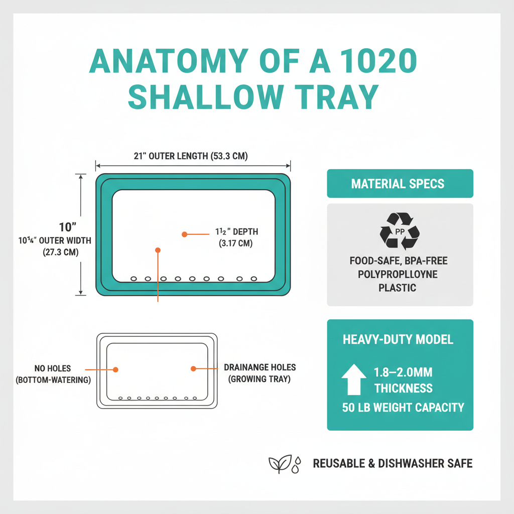 Anatomy of a 1020 shallow tray showing dimensions, drainage holes, and material specs - shallow 1020 trays infographic Anatomy of a 1020 shallow tray showing dimensions, drainage holes, and material specs - shallow 1020 trays infographic