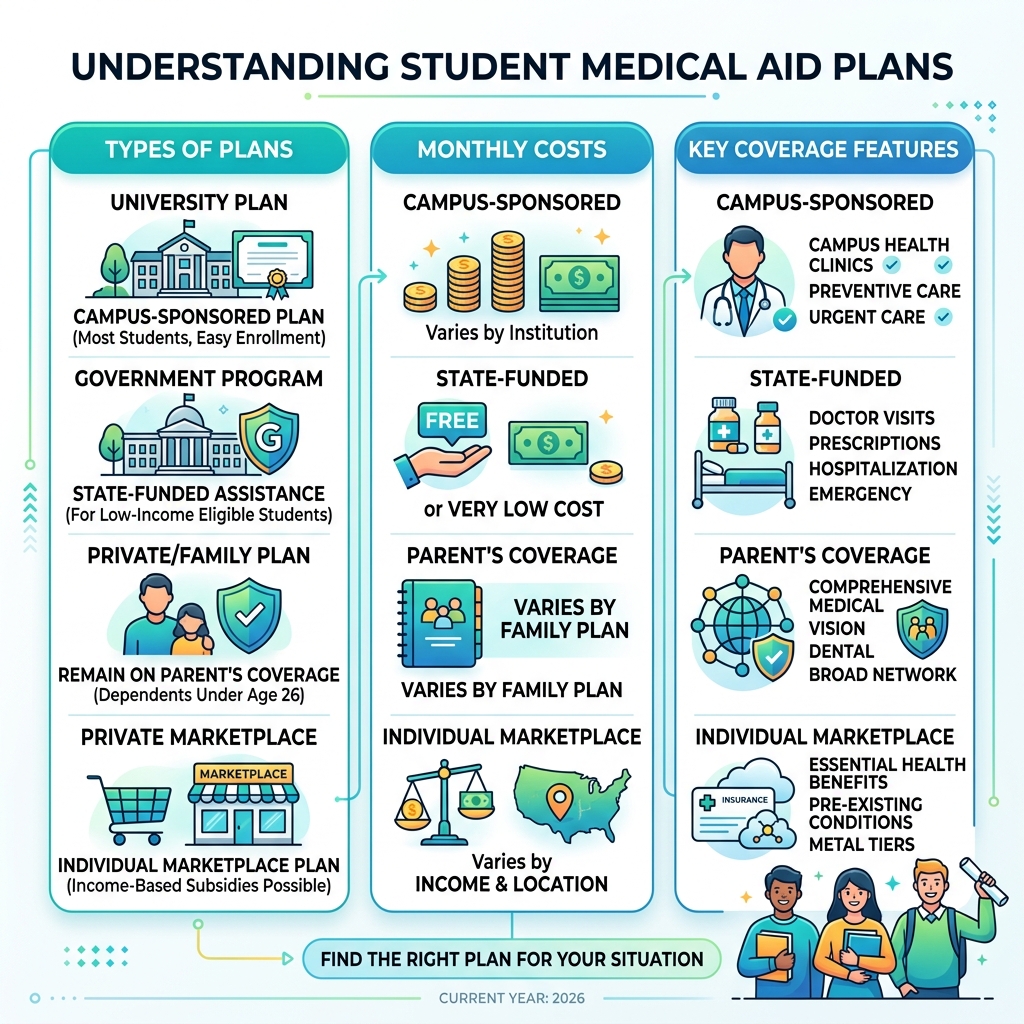 Infographic showing types of student medical aid plans, costs, and key coverage features - medical aid plans for students