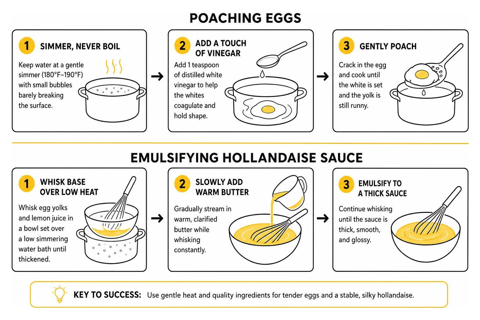 poaching eggs and emulsifying hollandaise sauce