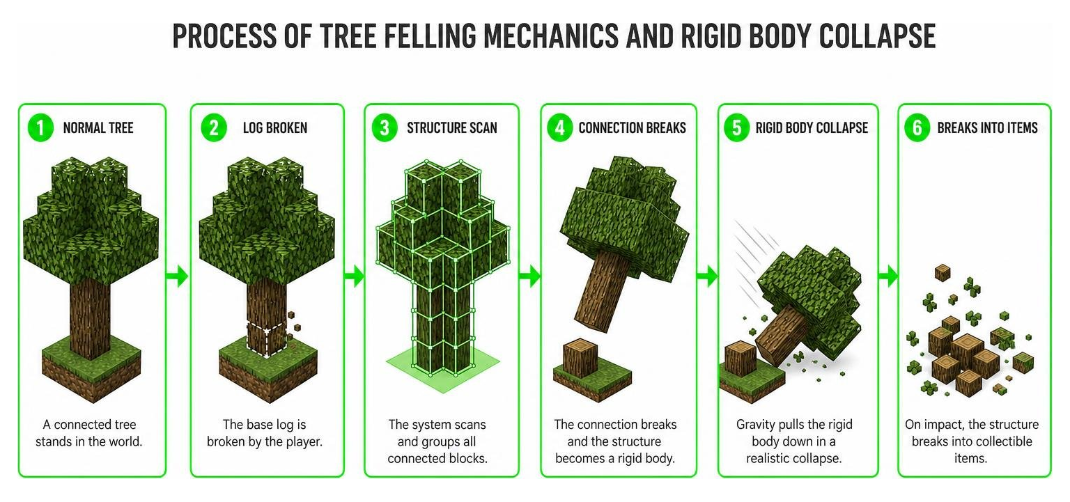 Process of tree felling mechanics and rigid body collapse