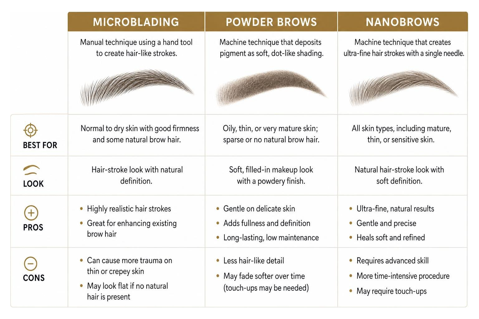 Comparison diagram of microblading, powder brows, and nanobrows Comparison diagram of microblading, powder brows, and nanobrows