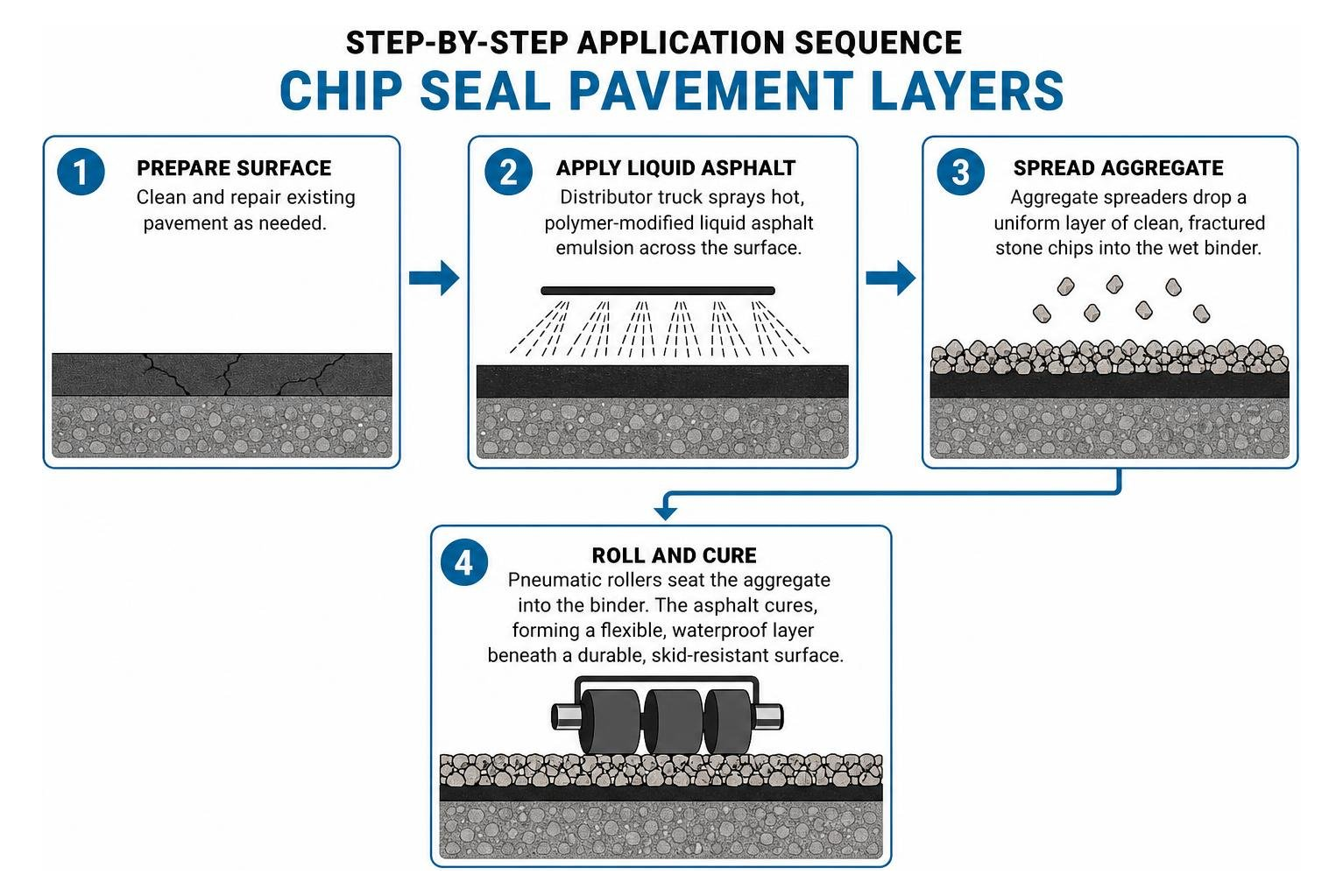 Step-by-step application sequence of chip seal pavement layers Step-by-step application sequence of chip seal pavement layers