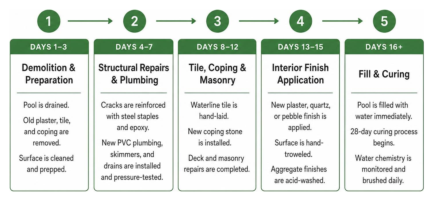 Step-by-step gunite pool renovation process timeline