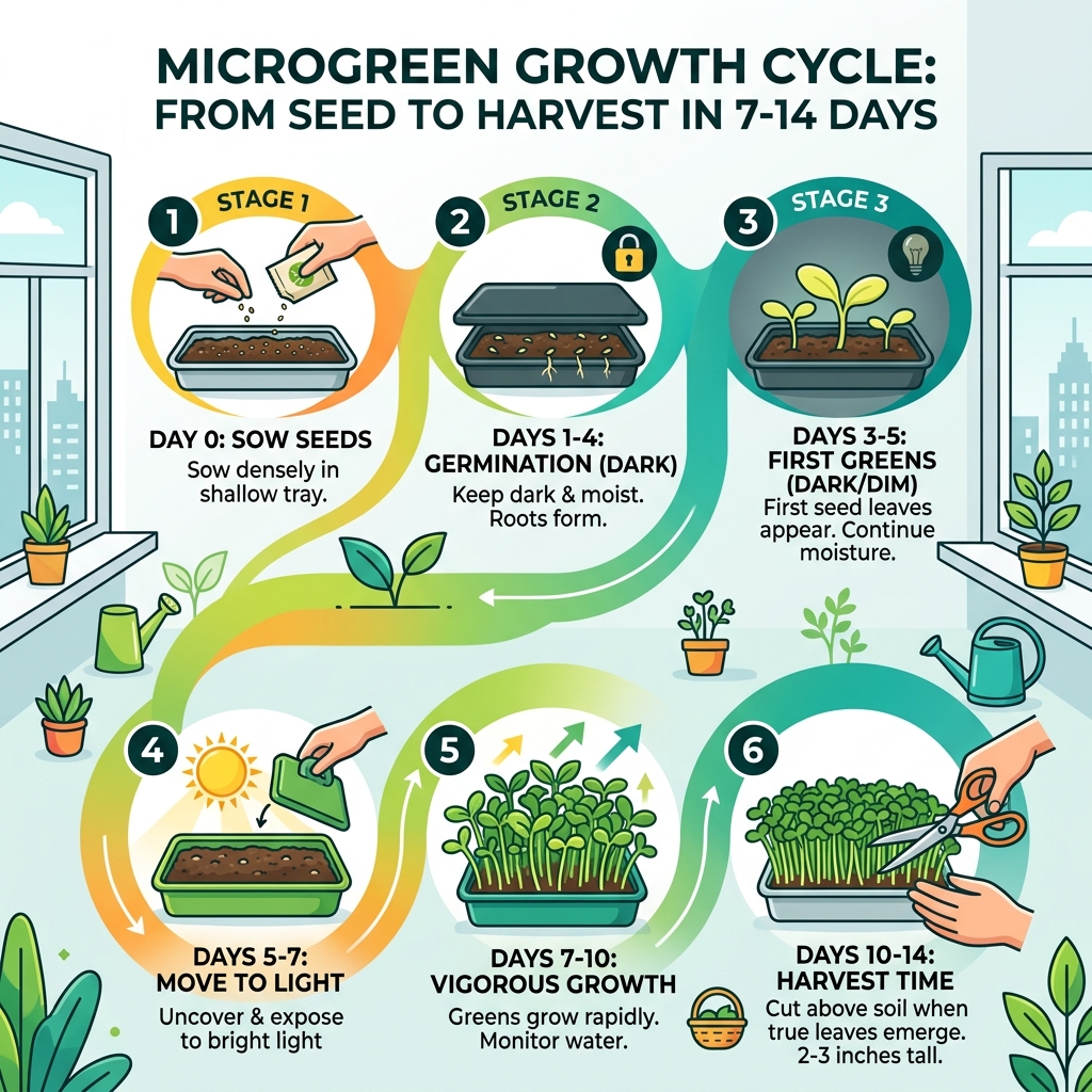 Microgreen growth cycle infographic from seed to harvest in 7-14 days - urban microgreens gardening basics infographic 
