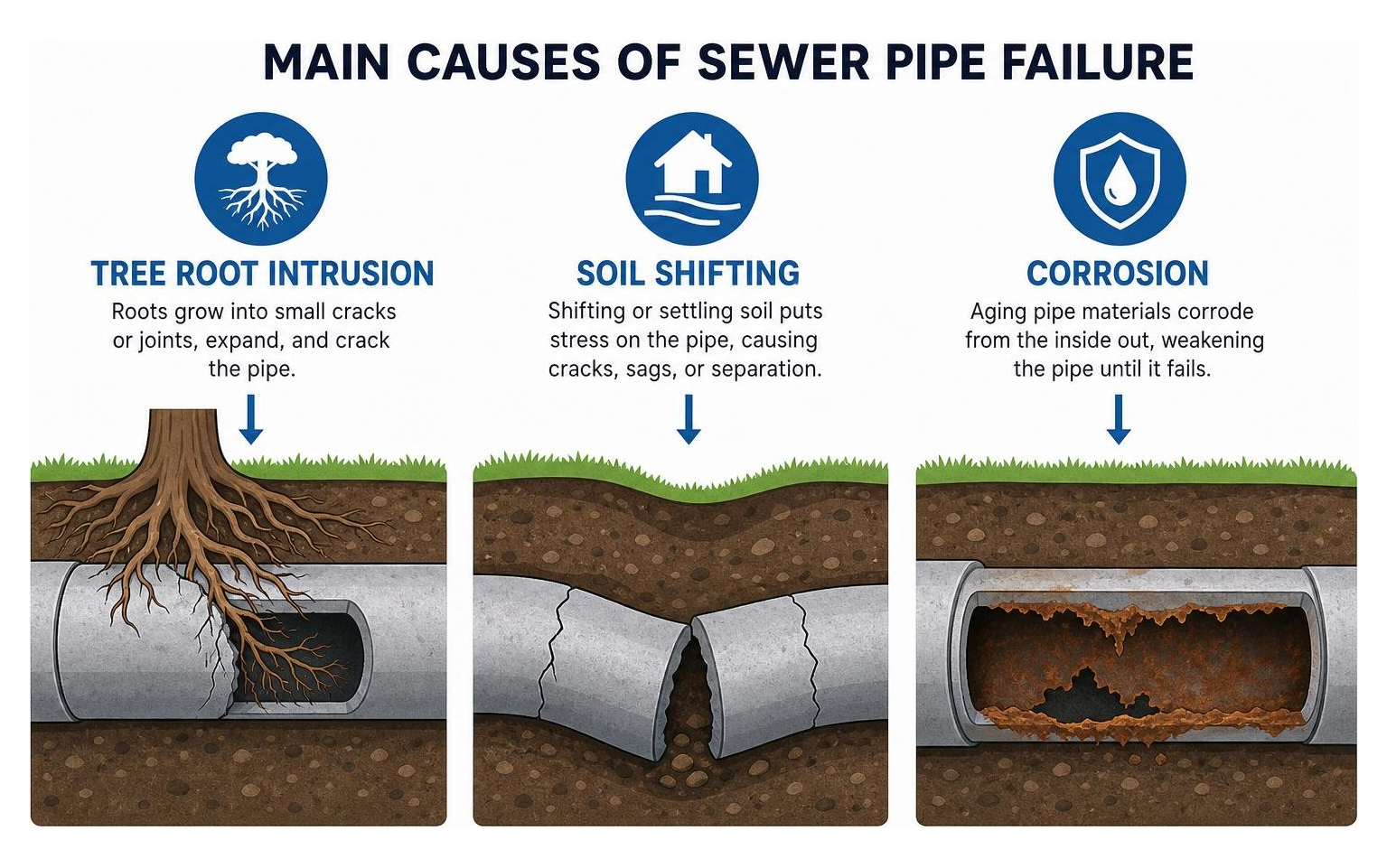 Diagram showing the main causes of sewer pipe failure, including tree roots, soil shifting, and corrosion Diagram showing the main causes of sewer pipe failure, including tree roots, soil shifting, and corrosion
