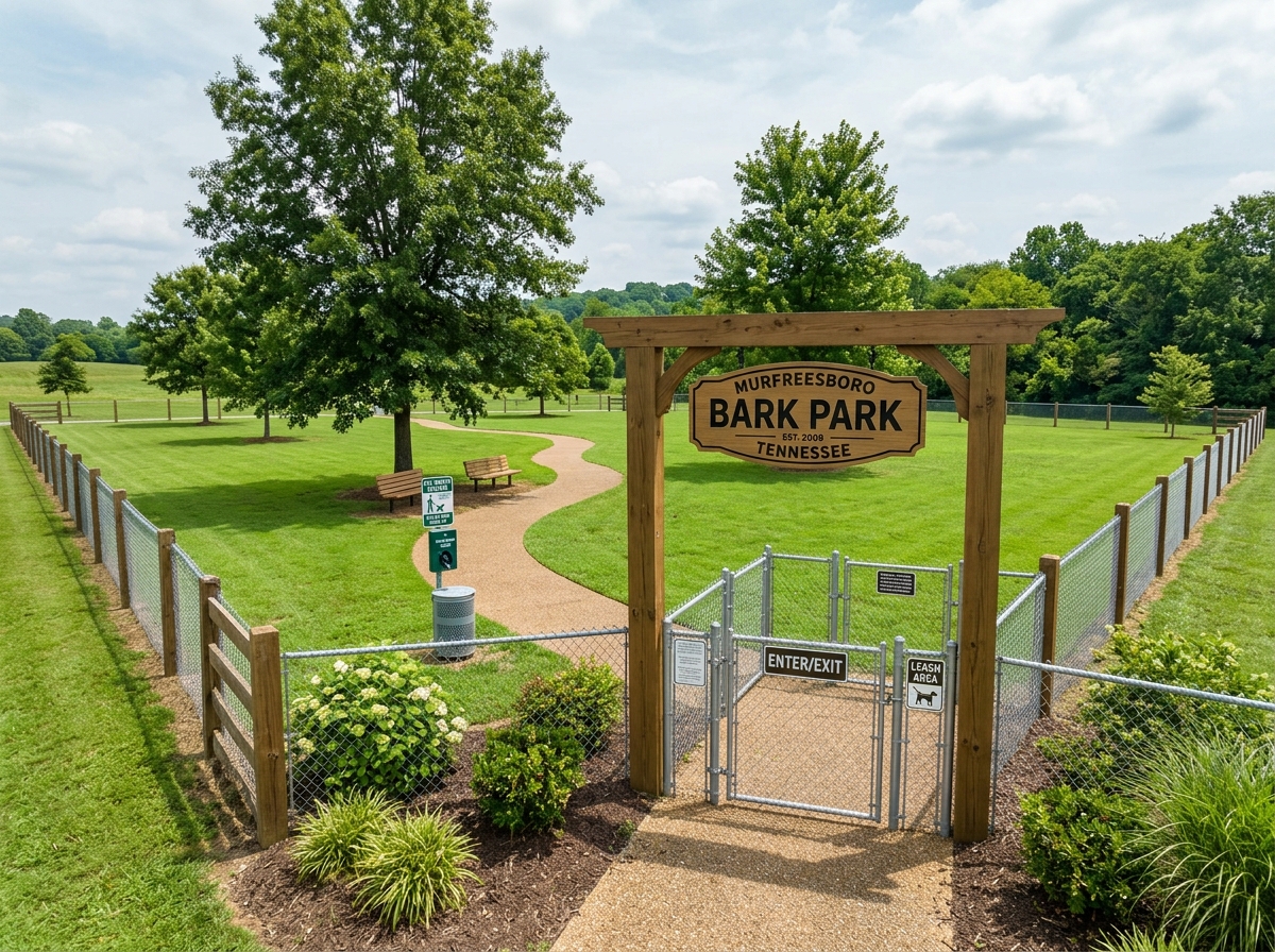 Entrance of Murfreesboro Bark Park showing secure fencing and green space - dog parks in murfreesboro tn Entrance of Murfreesboro Bark Park showing secure fencing and green space - dog parks in murfreesboro tn