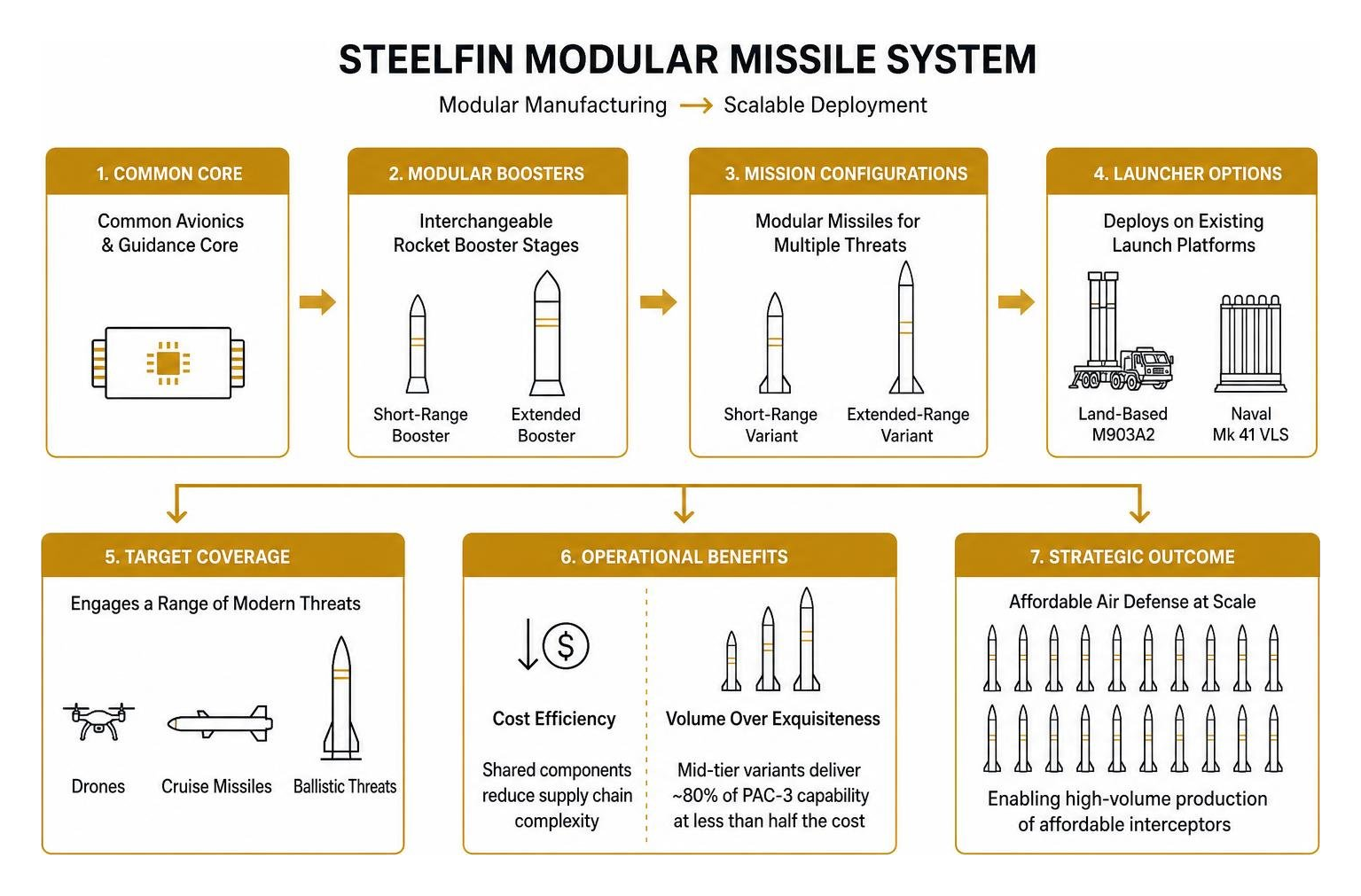 Steelfin modular missile manufacturing and launcher deployment