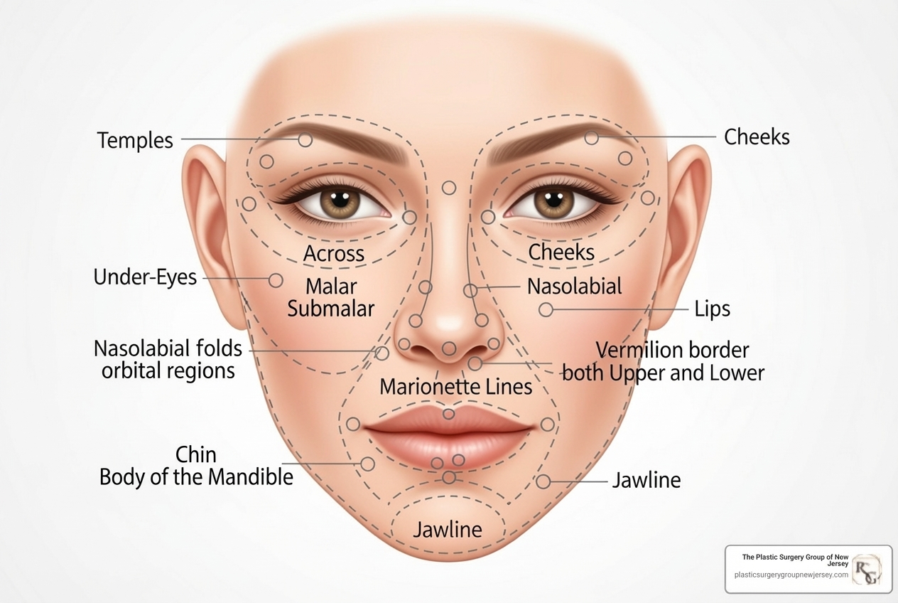 Face diagram showing common facial fat grafting injection sites: temples, under-eyes, cheeks, nasolabial folds, marionette lines, lips, jawline - facial fat grafting