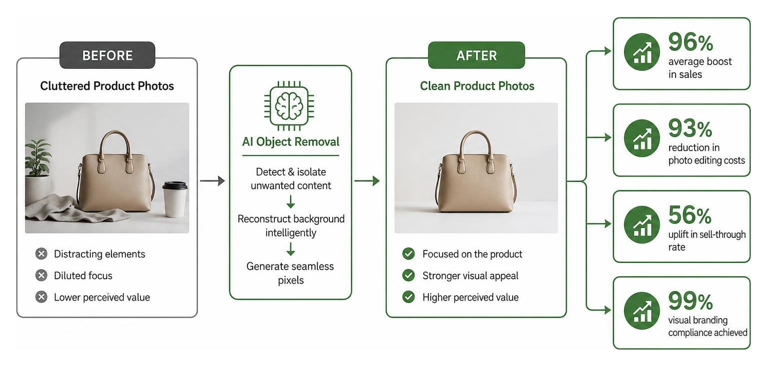 Diagram showing how clean product photos boost business performance metrics