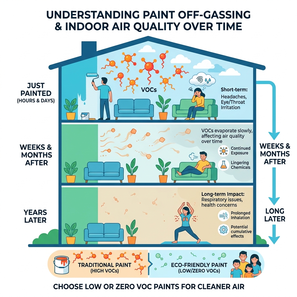 infographic showing how VOCs from paint off-gas and affect indoor air quality over time - eco friendly paint options