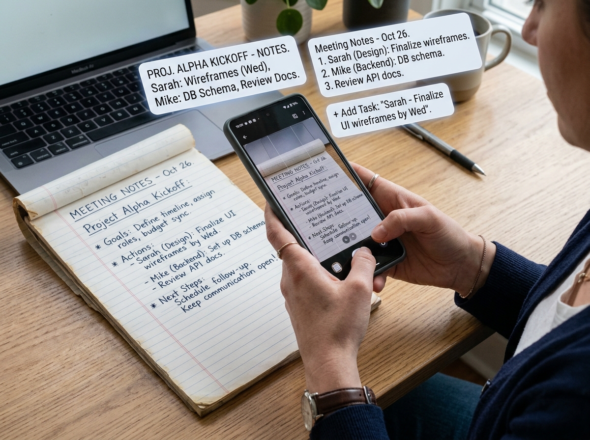 Smartphone scanning a handwritten page with digital text overlays - ai organized handwritten notes Smartphone scanning a handwritten page with digital text overlays - ai organized handwritten notes