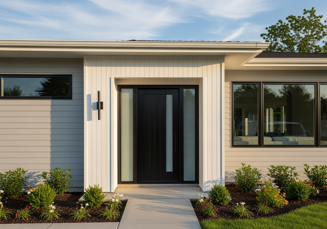 Modern home exterior with new door and siding - home remodeling projects