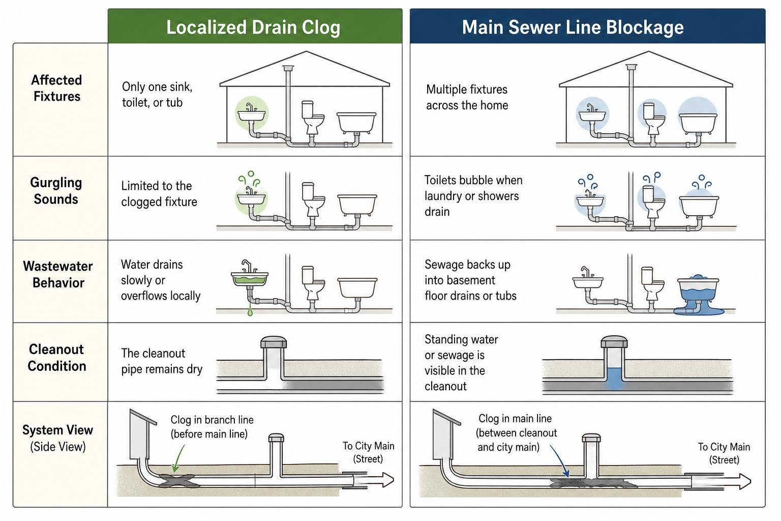 diagram comparing a localized drain clog with a main line sewer blockage diagram comparing a localized drain clog with a main line sewer blockage