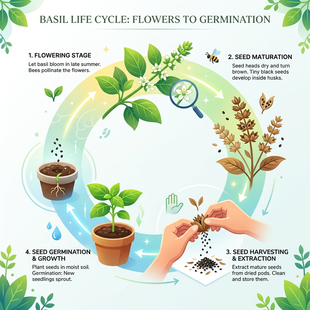 Basil life cycle from flower to seed pod to germination infographic - basil seed harvesting process infographic Basil life cycle from flower to seed pod to germination infographic - basil seed harvesting process infographic