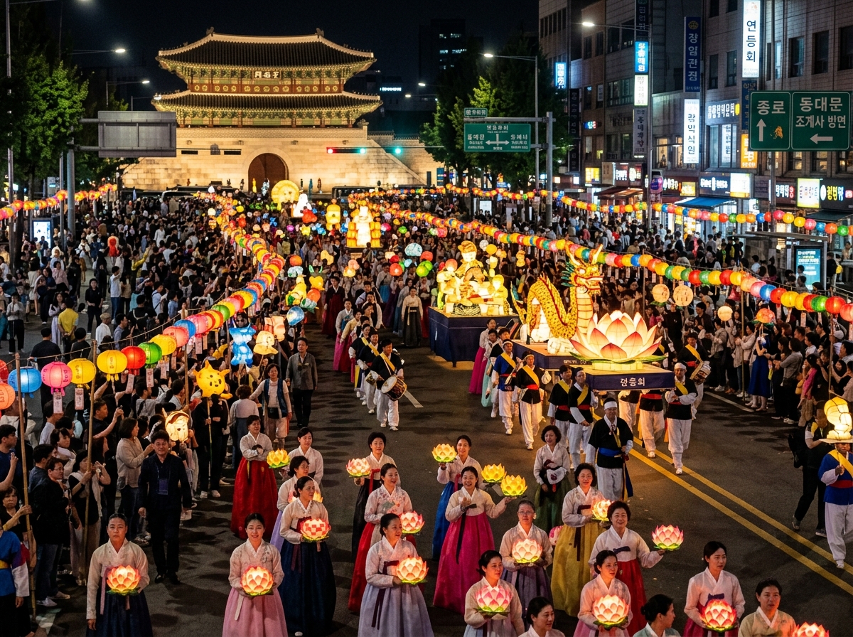 The Seoul Grand Parade during Yeondeunghoe featuring thousands of participants carrying handmade lotus lanterns - solo