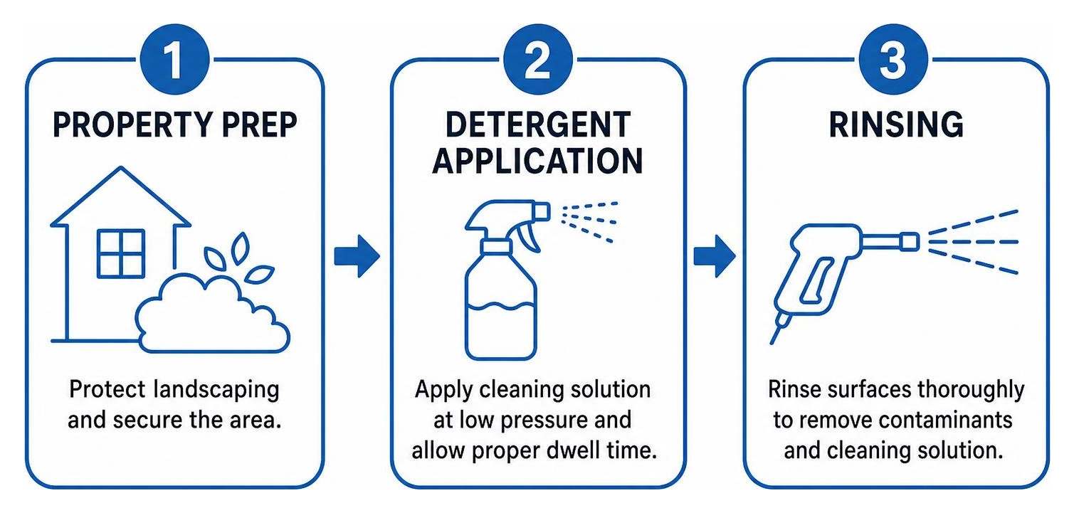 Diagram showing exterior cleaning steps property prep detergent application and rinsing