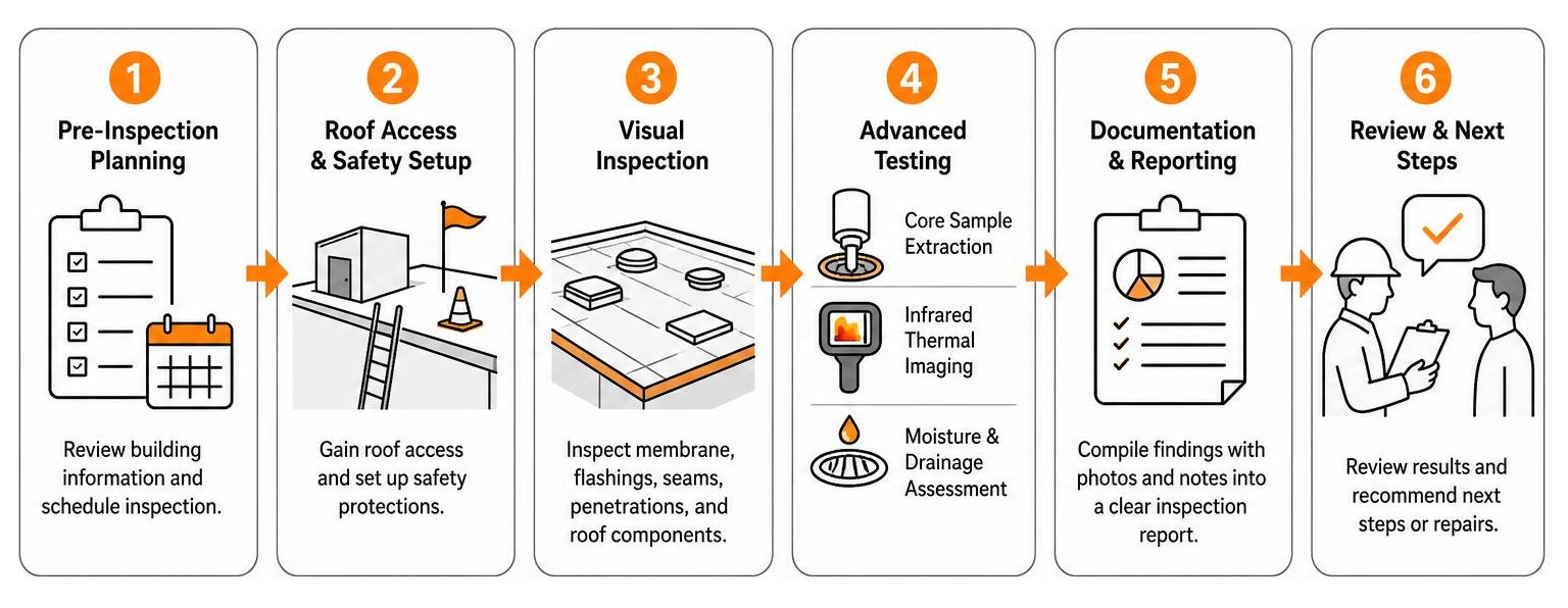 Step-by-step commercial roof inspection workflow diagram Step-by-step commercial roof inspection workflow diagram