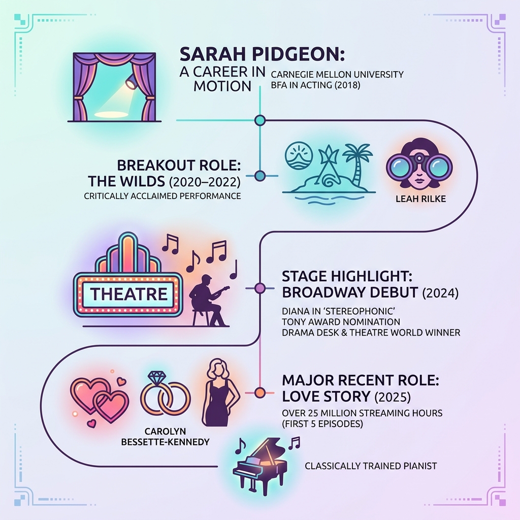 Sarah Pidgeon career timeline infographic from The Wilds to Love Story and Broadway - sarah pidgeon infographic 