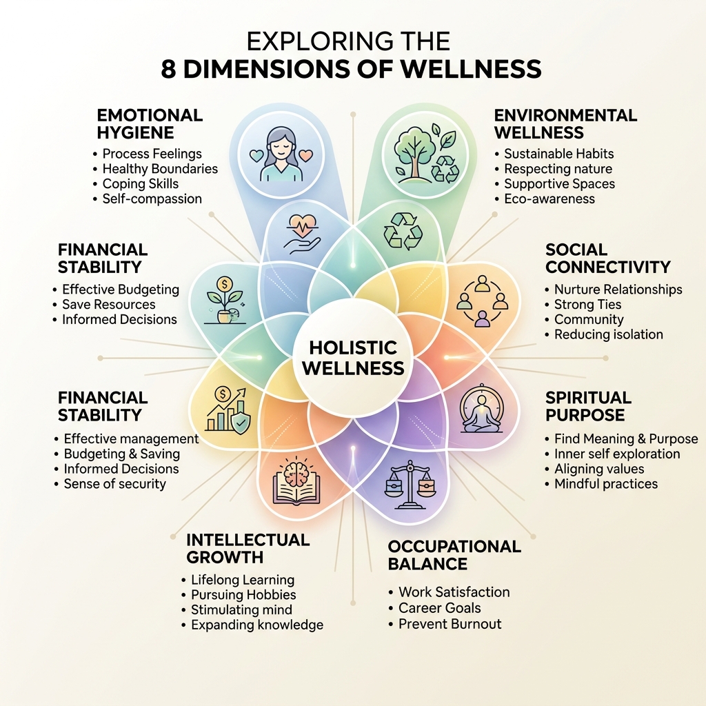 Comprehensive Approaches to Personal Wellness and Aesthetic Care 2 Infographic explaining the eight dimensions of wellness - personal wellness and care infographic