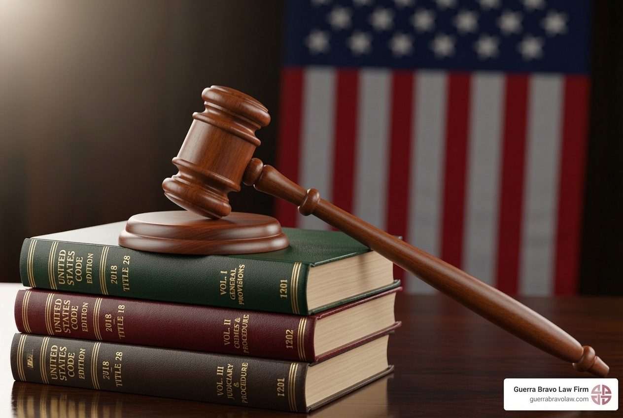 Image of a gavel next to a U.S. flag and law books - immigration compliance program