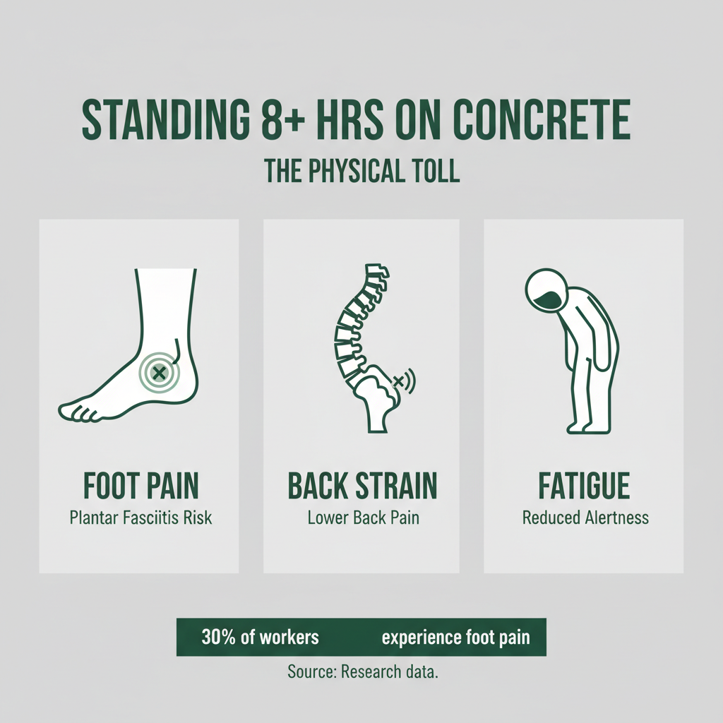 Physical toll of standing 8+ hours on concrete: foot pain, back strain, fatigue stats - all day standing work shoes Physical toll of standing 8+ hours on concrete: foot pain, back strain, fatigue stats - all day standing work shoes