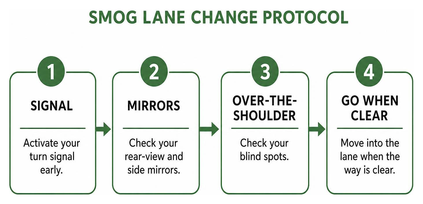 SMOG lane change protocol: Signal, Mirrors, Over-the-shoulder, Go when clear