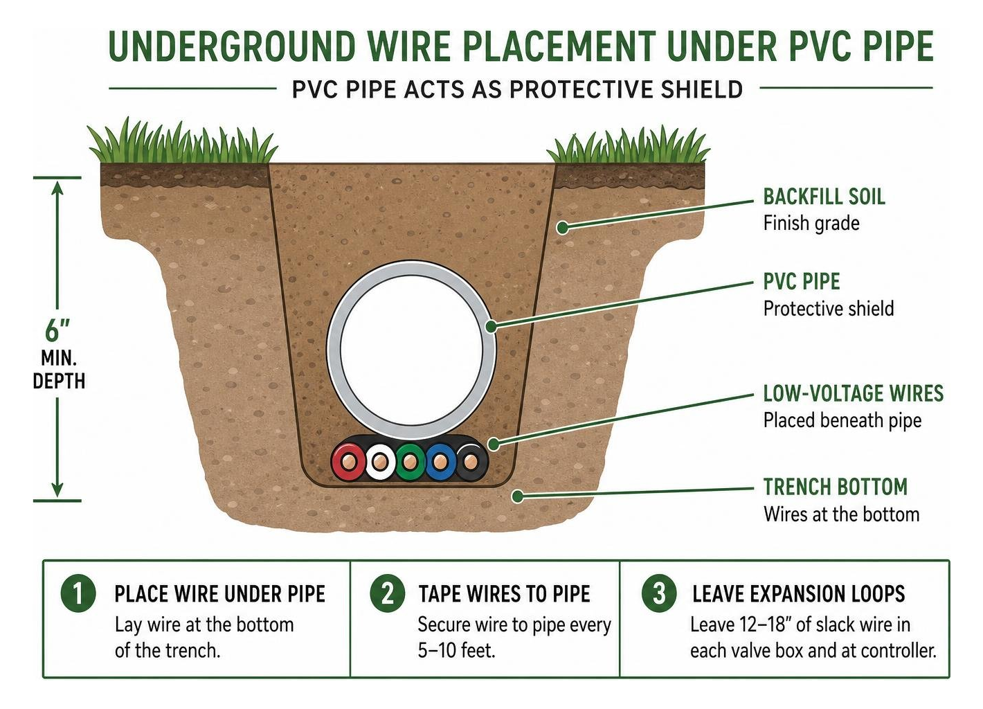 Underground trench wire placement beneath PVC pipe acting as protective shield