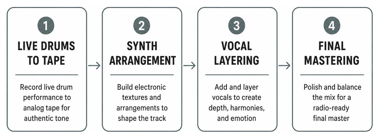Creative production workflow: live drums to tape, synth arrangement, vocal layering, final mastering Creative production workflow: live drums to tape, synth arrangement, vocal layering, final mastering