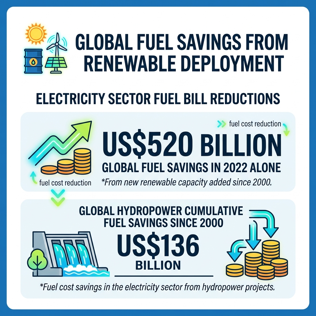 global fuel savings from renewable deployment - hydropower project costs infographic 