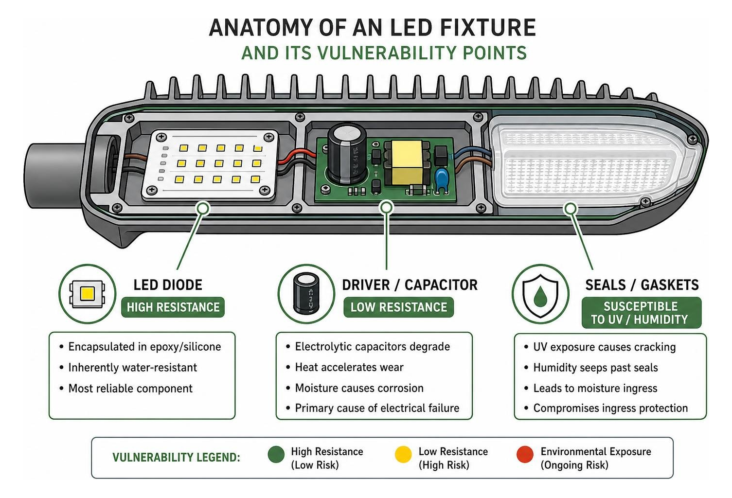 Diagram showing the anatomy of an LED fixture and its vulnerability points: diode (high resistance), driver/capacitor (low Diagram showing the anatomy of an LED fixture and its vulnerability points: diode (high resistance), driver/capacitor (low