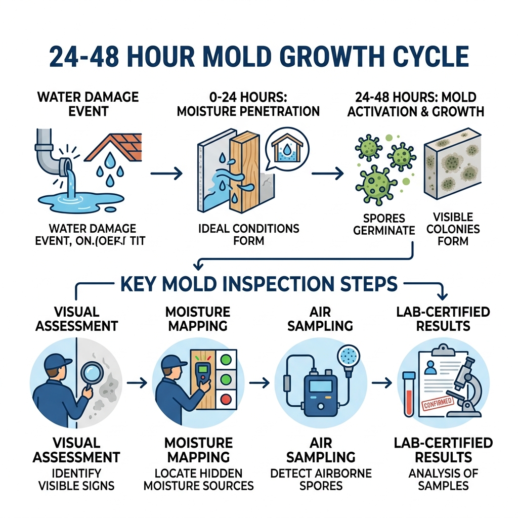 Infographic showing the 24-48 hour mold growth cycle after water damage and key inspection steps - mold inspection near me