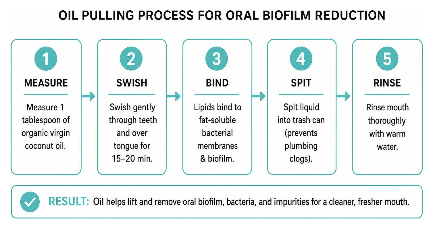 Flowchart of the oil pulling process for oral biofilm reduction Flowchart of the oil pulling process for oral biofilm reduction