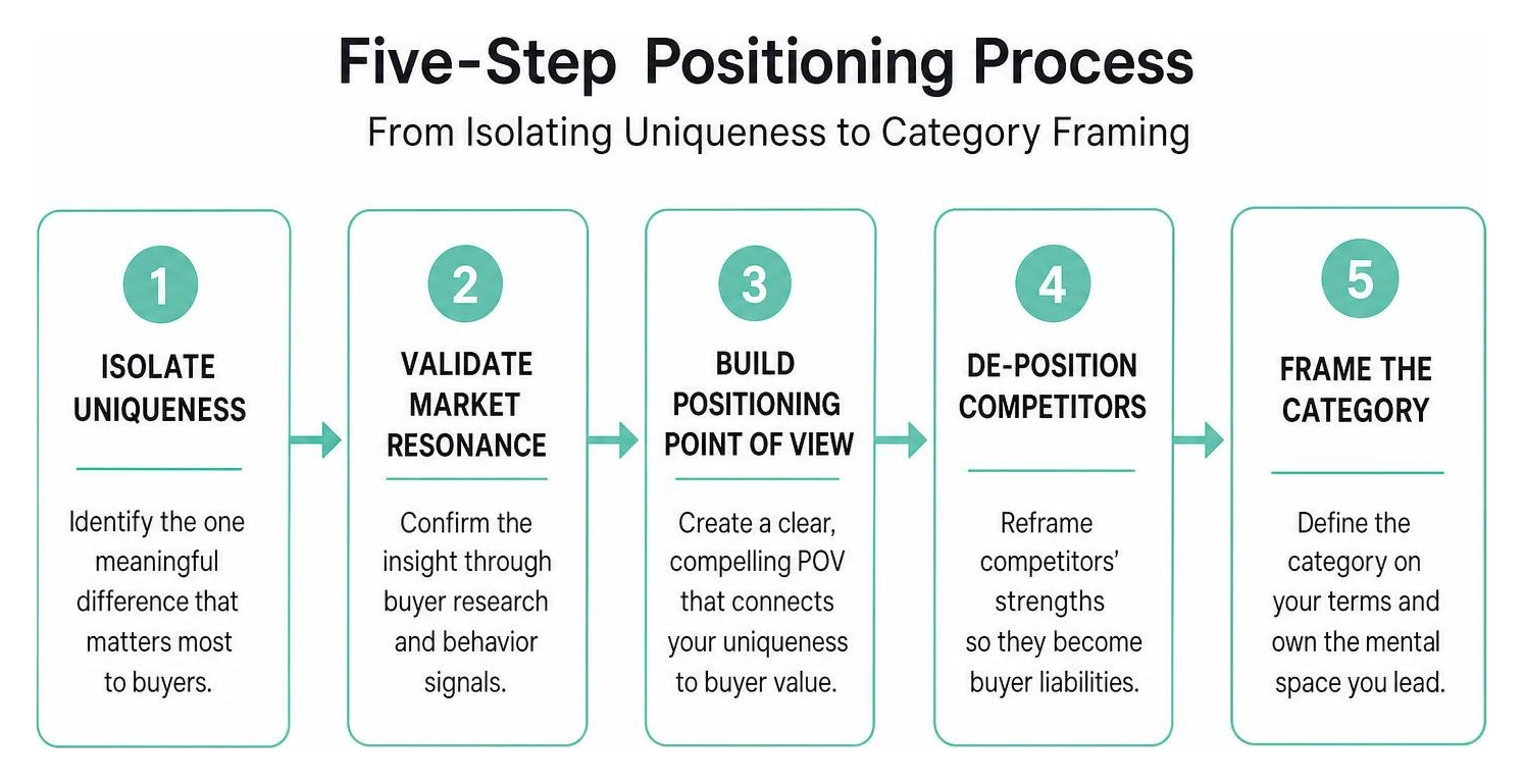 Five-step positioning process from isolating uniqueness to category framing