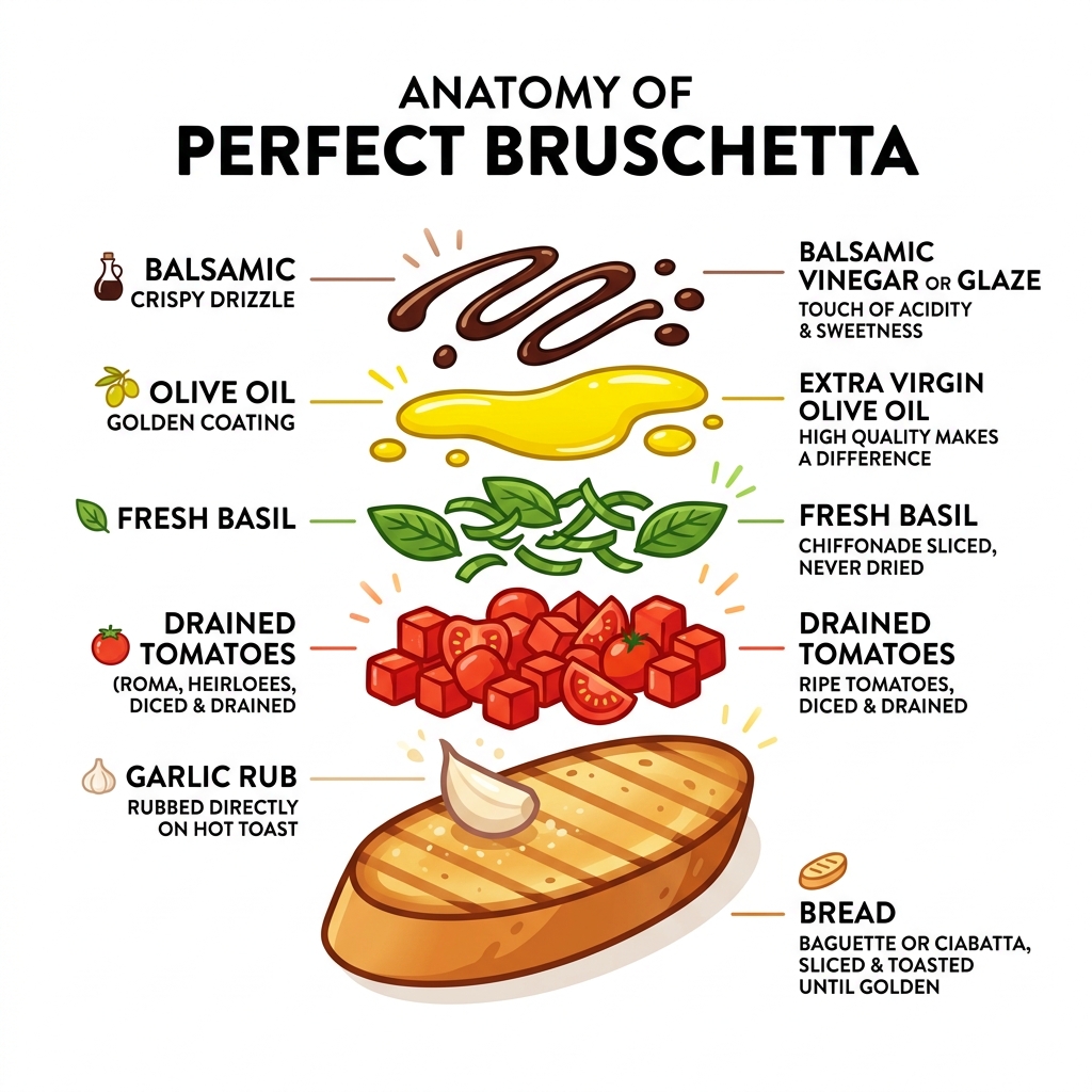 Anatomy of perfect bruschetta: bread, garlic rub, drained tomatoes, fresh basil, olive oil, balsamic - bruschetta fresh
