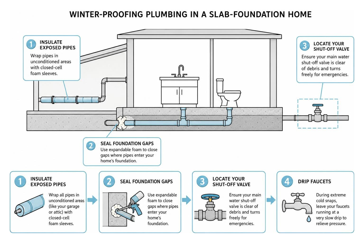 Diagram showing winter-proofing steps for plumbing in a slab-foundation home