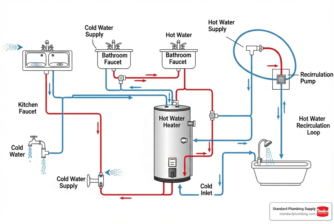 Diagram showing a hot water recirculation loop in a home's plumbing system - continuous hot water system